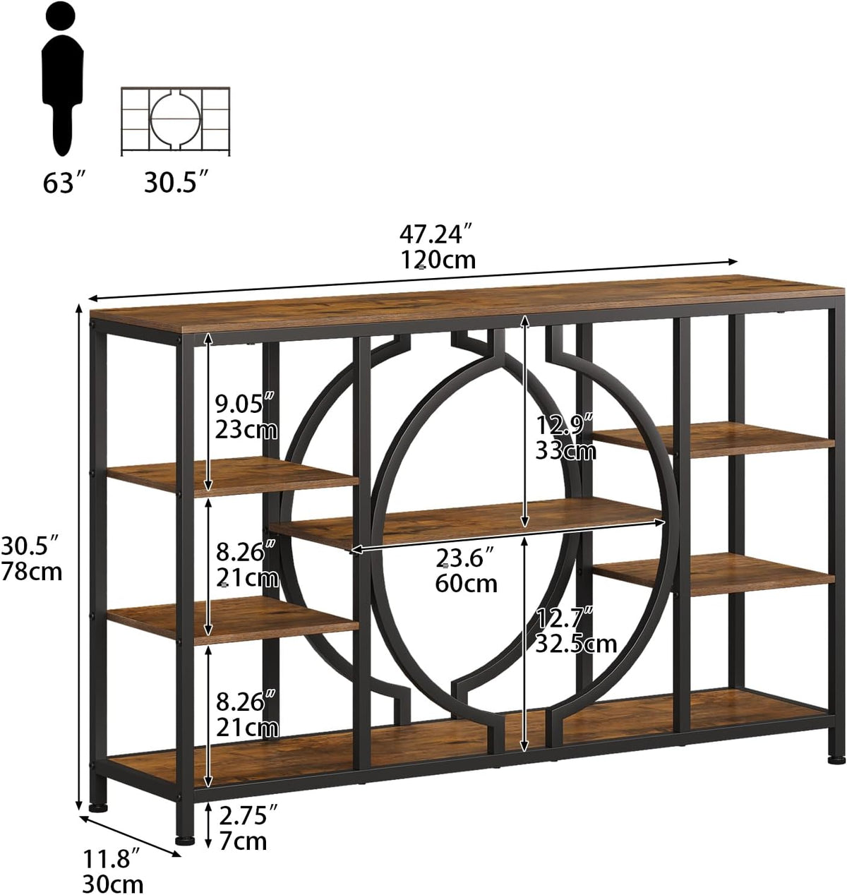 GiftGo 47" Industrial Console Tables for Entryway Rustic Sofa Table Behind Couch 4 Tier Wooden Shelves Entry Table with Storage for Foyer, Hallway, Front Door,Living Room (Rustic Brown, 47")