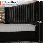 Jocisland Queen Size Bed Frame Velvet Upholstered Wingback Headboard, Black