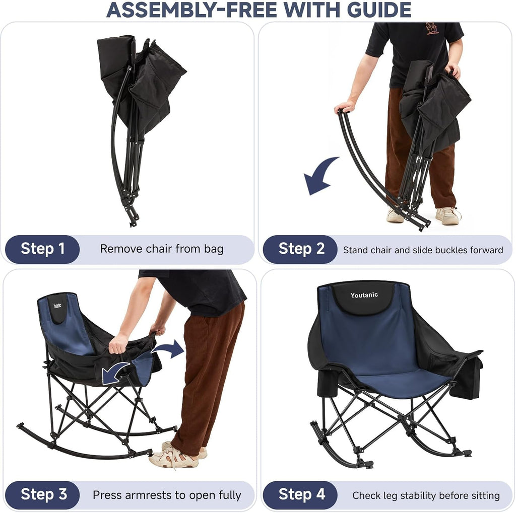 Youtanic Oversized Folding Rocking Camping Chair, Padded Portable Rocking Chair with Pockets, Cup Holder and Carry Bag, Heavy Duty Outdoor Rocker Patio Chair for Garden, Lawn, Up to 400lbs, Navy Blue