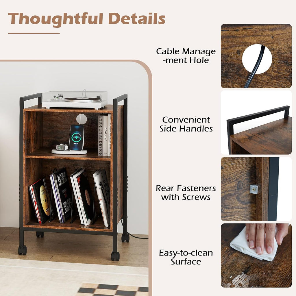 LOKO Record Player Stand with Charging Station, 3-Tier Vinyl Turntable Stand On Wheels with Open Shelves, Metal Dividers, Industrial End Table Turntable Holder for Bedroom, Living Room