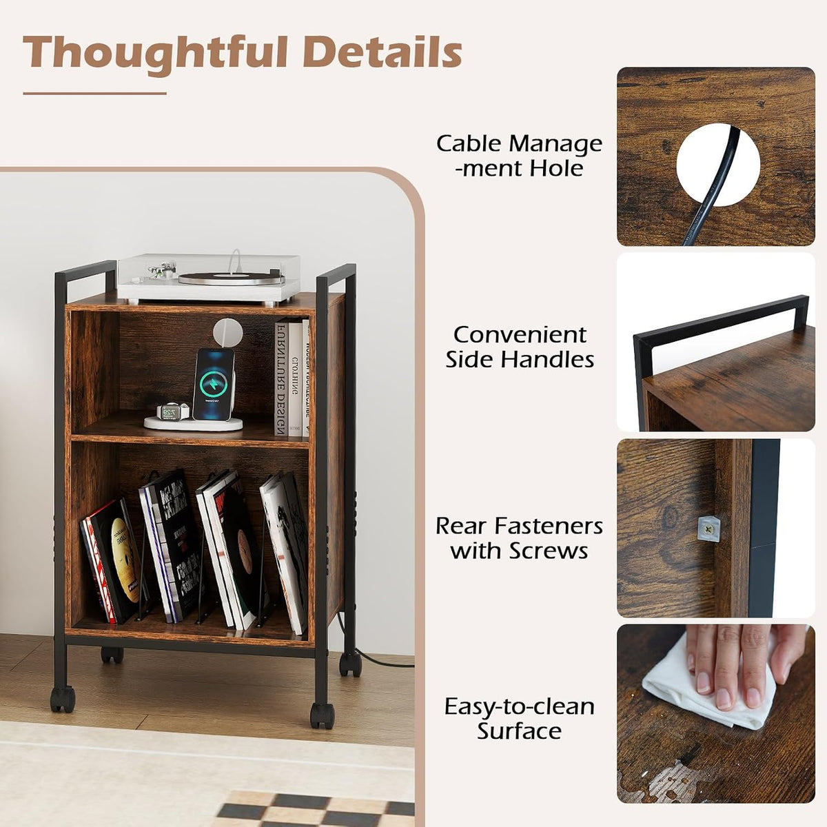 LOKO Record Player Stand with Charging Station, 3-Tier Vinyl Turntable Stand On Wheels with Open Shelves, Metal Dividers, Industrial End Table Turntable Holder for Bedroom, Living Room