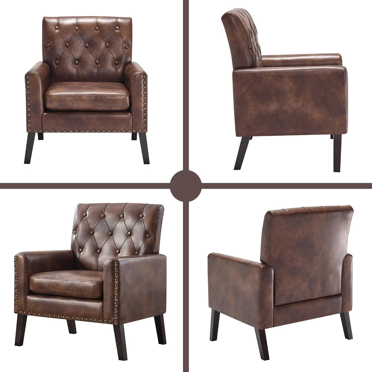 Mid Century Modern Accent Chair Set of 2, Dark Brown Faux Leather Office Chair for Reception - Tufted Leather Club Chair for Living Room, Bedroom, or Waiting Room