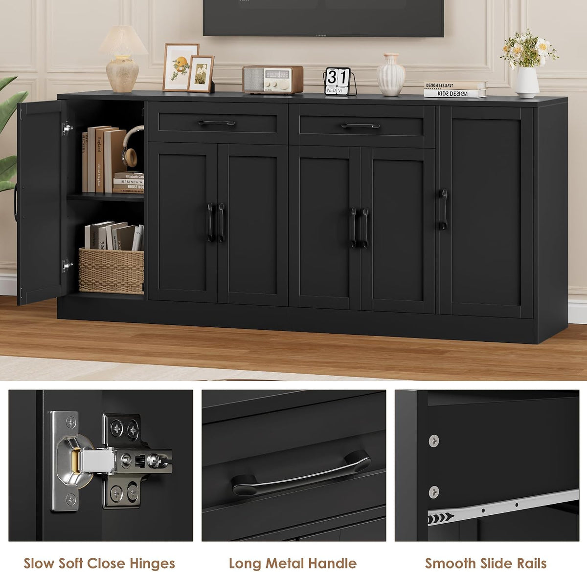 BOTLOG 71” Large Buffet Cabinet with Storage, Sideboard Buffet Cabinet with Adjustable Shelves and 6 Soft-Close Doors, Wood Coffee Bar Console Table for Kitchen, Dining Room, Black