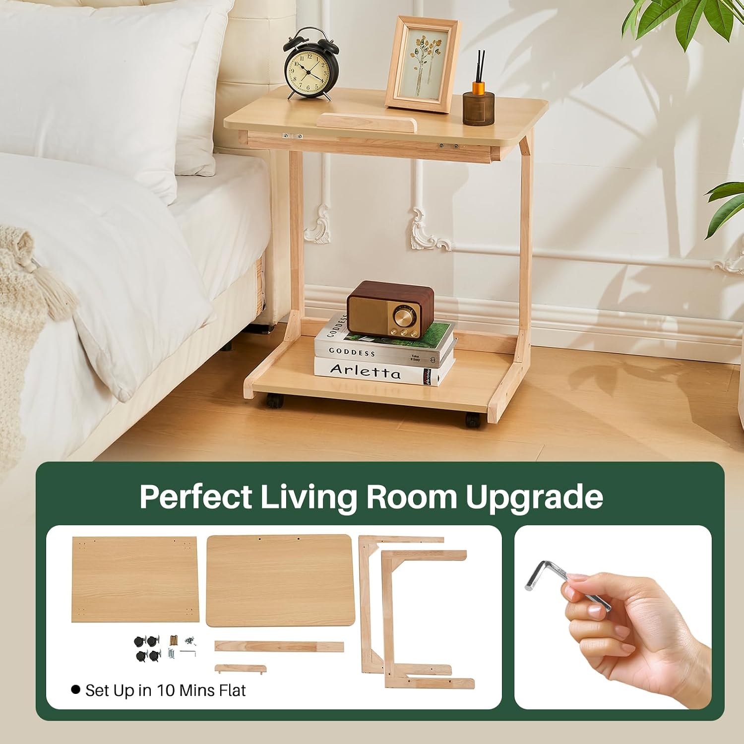 C-Shaped End Table with Wheels - Solid Wood C Shape Rolling Side Table for Couch, Wooden Tv Tray Under Bedside Tables for Sofa Living Room Bedroom, Natural, 15.7 in x 23.6 in x 24.8 in