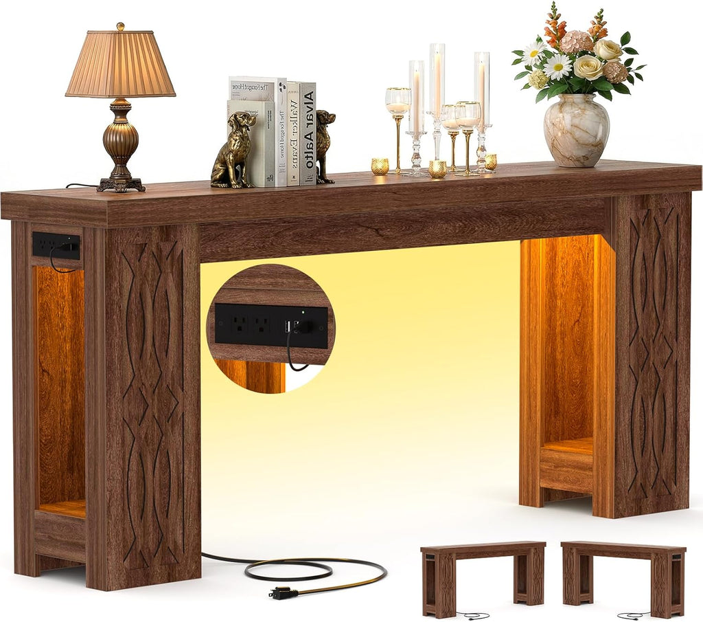 Cyclysio 63" Console Table with Outlet, Farmhouse Entryway Table with Colorful LED Lights, Wooden Sofa Table with Unique Carved Design, Foyer Accent Table for Entrance, Hallway, Living Room