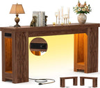Cyclysio 63" Console Table with Outlet, Farmhouse Entryway Table with Colorful LED Lights, Wooden Sofa Table with Unique Carved Design, Foyer Accent Table for Entrance, Hallway, Living Room