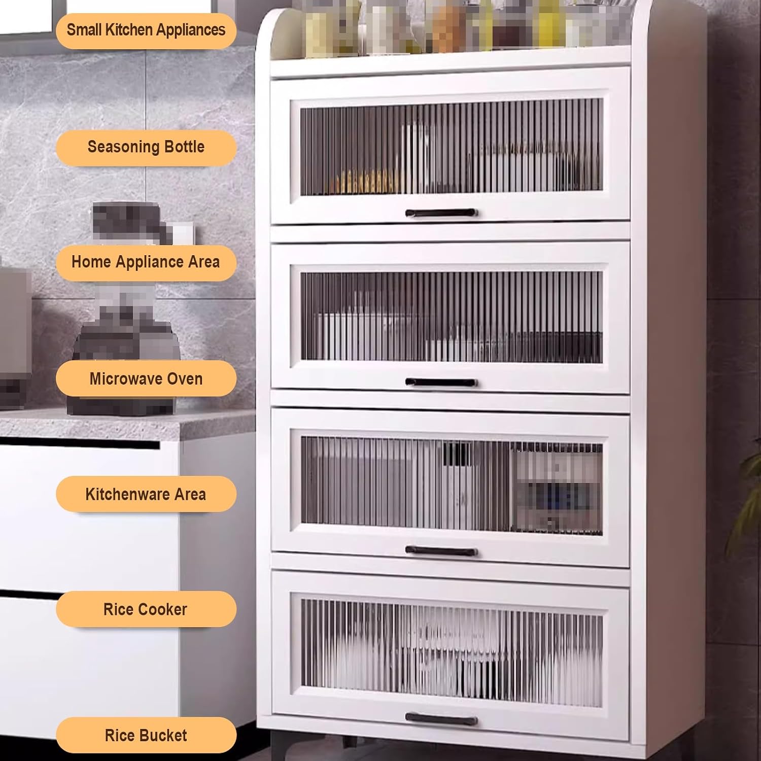 Kitchen Pantry Storage Cabinet E1 Grade Environmental Protection Board Concealed Flip-up Glass Cabinet Doors, for Kitchen Dining Room Living Room(Ash Gray,60cm*40cm*169cm)