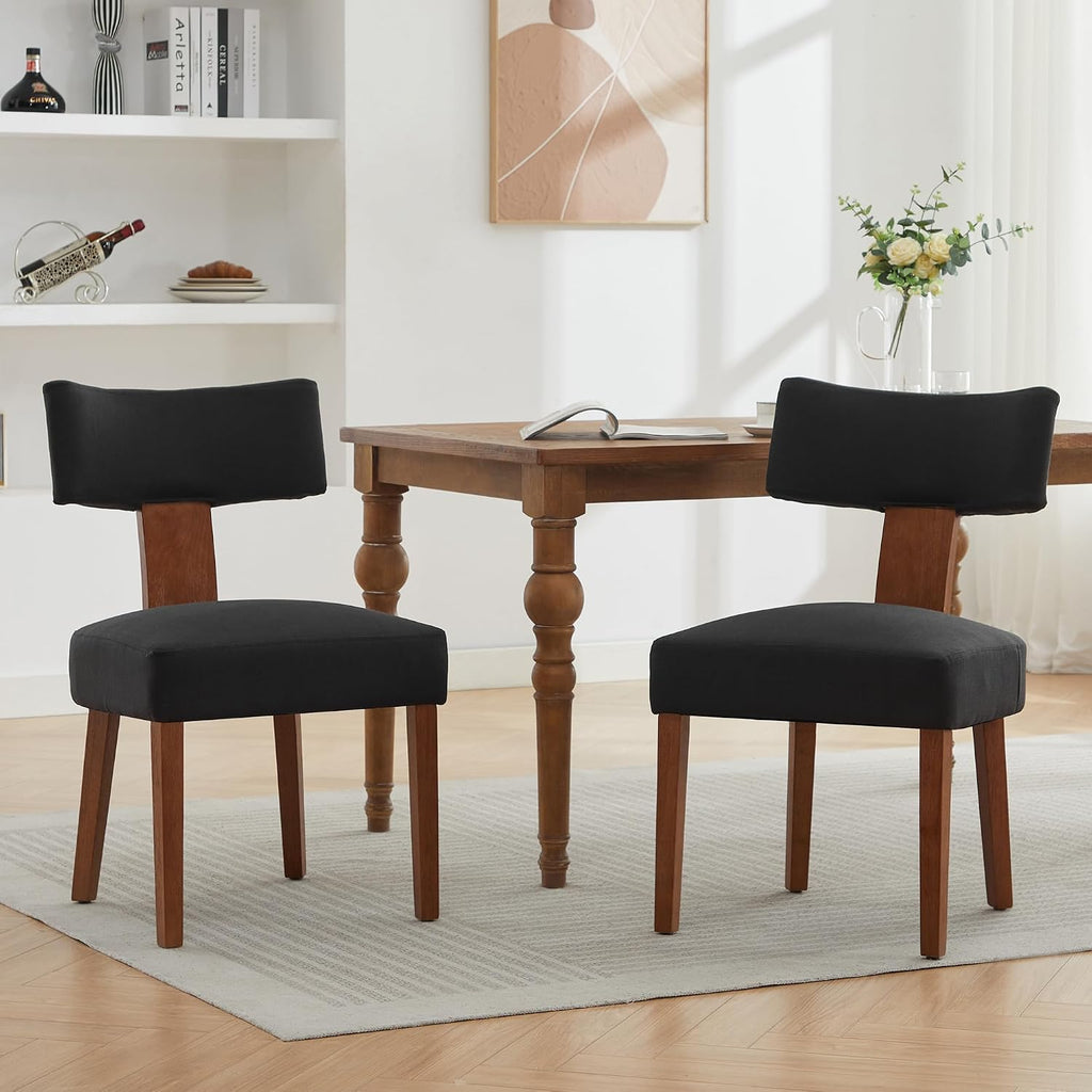 FOXHUNTER Upholstered Dining Chairs Set of 2, Modern Wooden Armless Kitchen Chairs with Curved Backrest, Mid-Century Farmhouse Dining Side Chairs, Linen Black