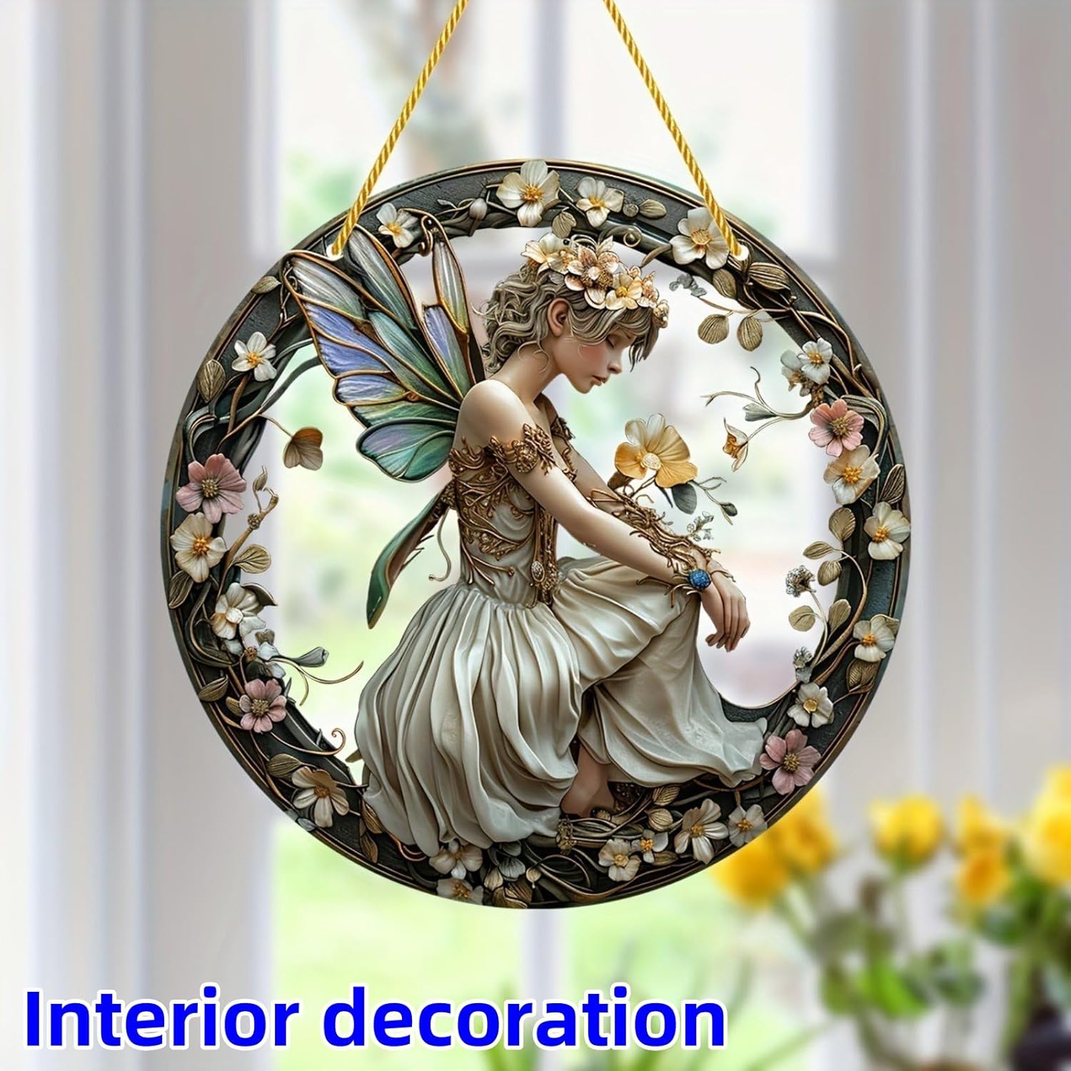 Flower Fairy Garden Decorations Angel Wing Christmas Halloween Deco Statue Art Elf Sculpture Hanging Craft for Outdoor Yard Courtyard Lawn Patio Window Acrylic Ornament Home Gift (B,L: 8*8 IN)