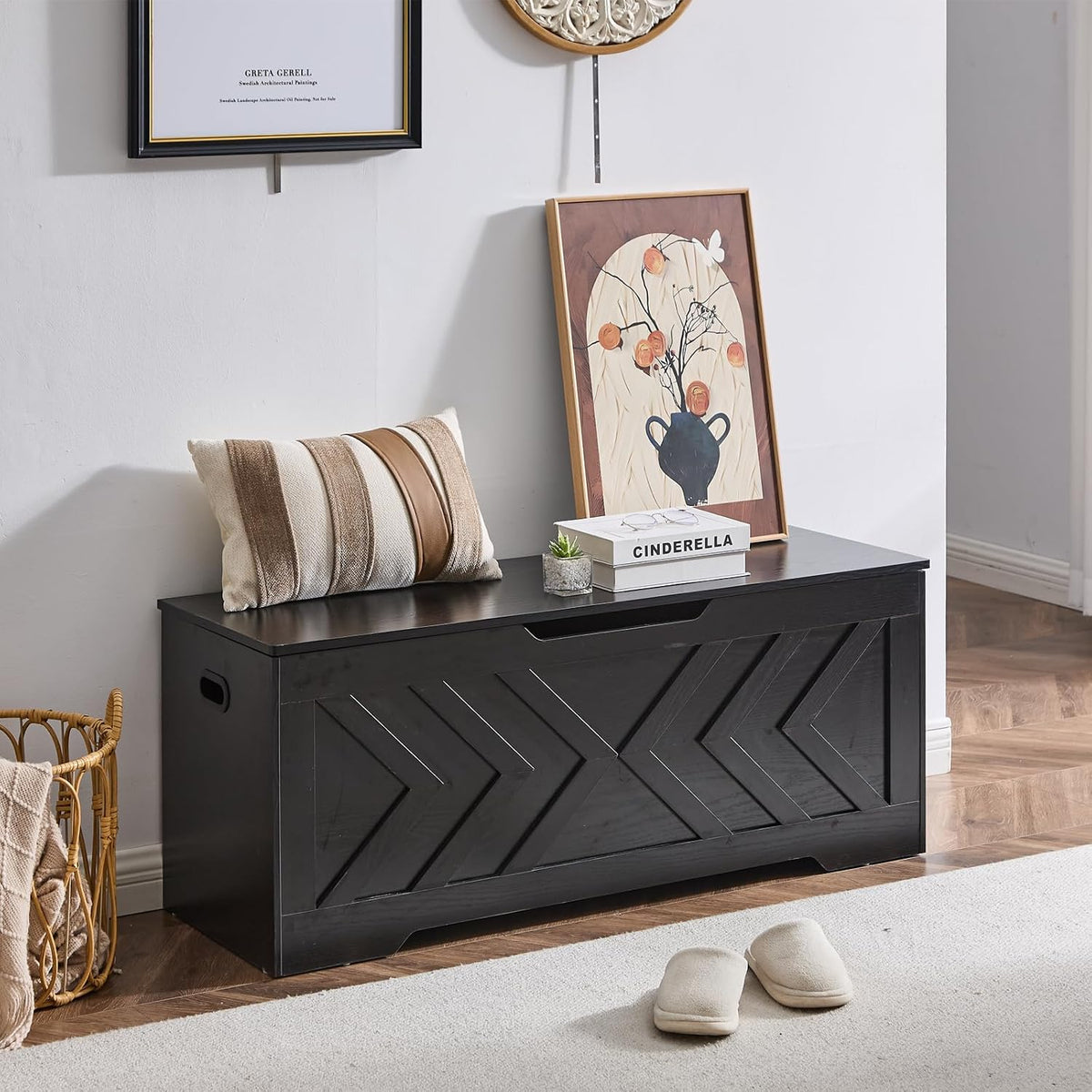 47.2” Storage Bench,Extra Large Wooden Storage Chest with 2 Safety Hinges,entryway Bench,Blanket Storage,Shoe Storage Bench for Entryway,Bedroom,Living Room,Easy Assembly-Black