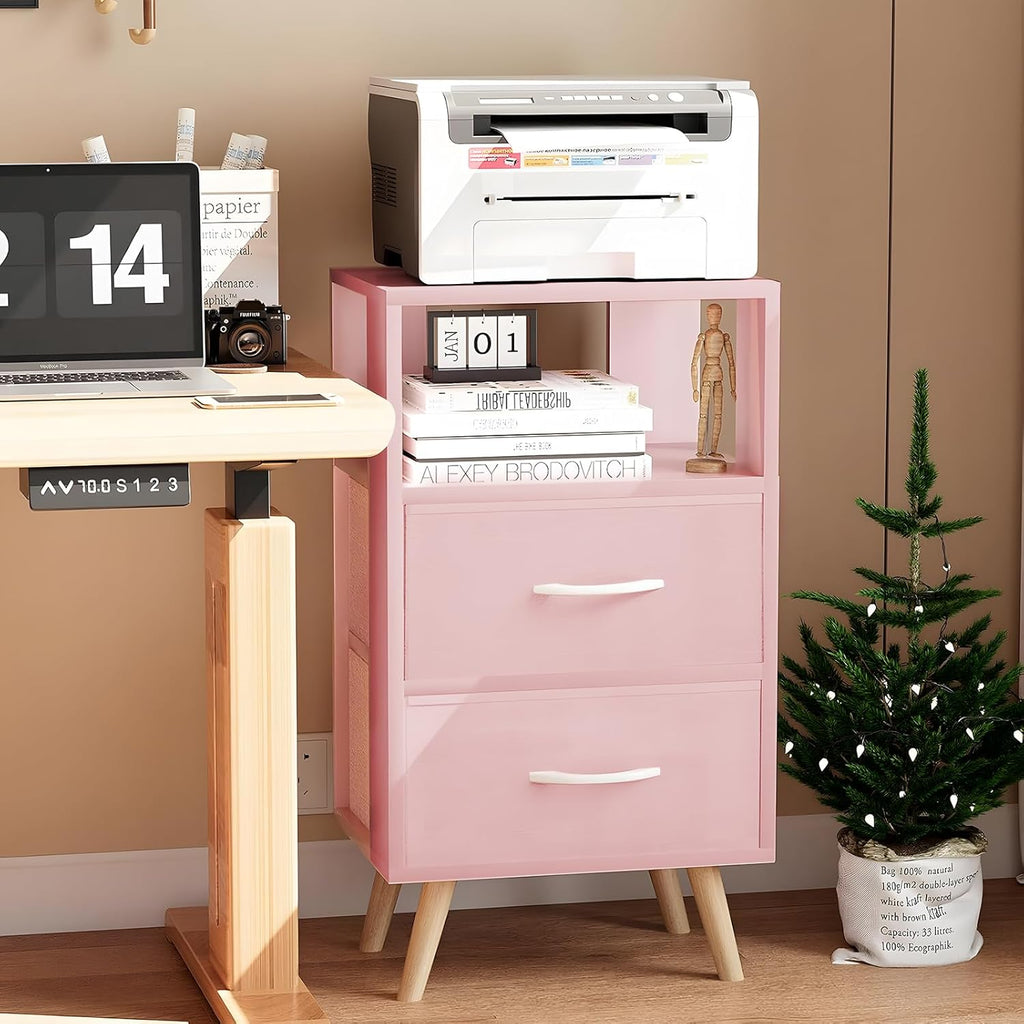 Aenuert Night Stand, Pink Nightstand with 2 Fabric Drawers, Wooden Side Table with Open Storage, 3-Tier Modern End Table, Bedside Table for Small Space, Living Room, Bedroom