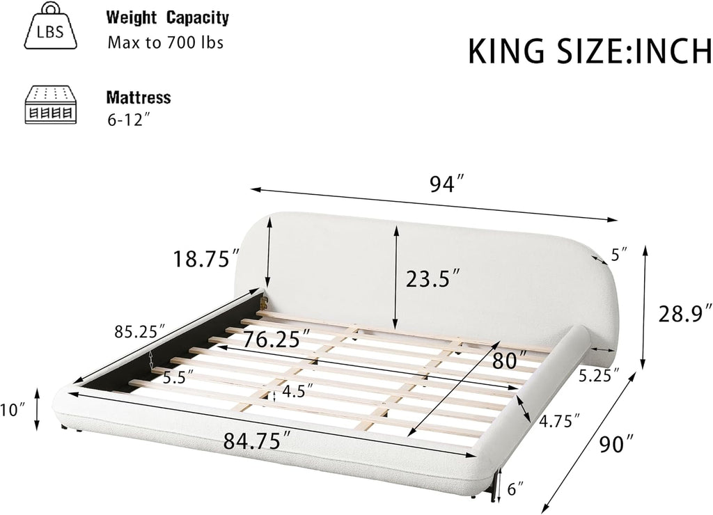 DNYN Boucle Platform Bed Frame with Thick Headboard and Steel Legs
