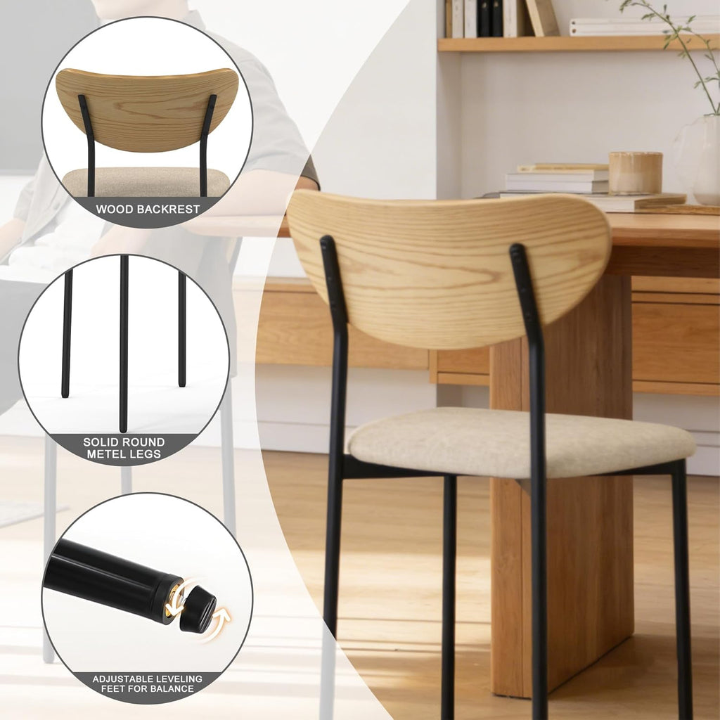 Beige Dining Chairs Set of 4, Upholstered Modern Kitchen Chairs Dining Room Chairs with Wood Curved Backrest & Metal Legs