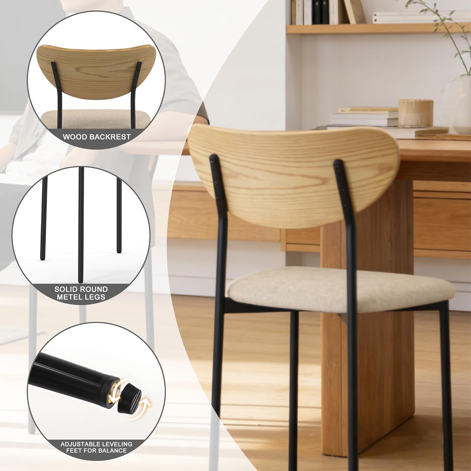 Beige Dining Chairs Set of 4, Upholstered Modern Kitchen Chairs Dining Room Chairs with Wood Curved Backrest & Metal Legs