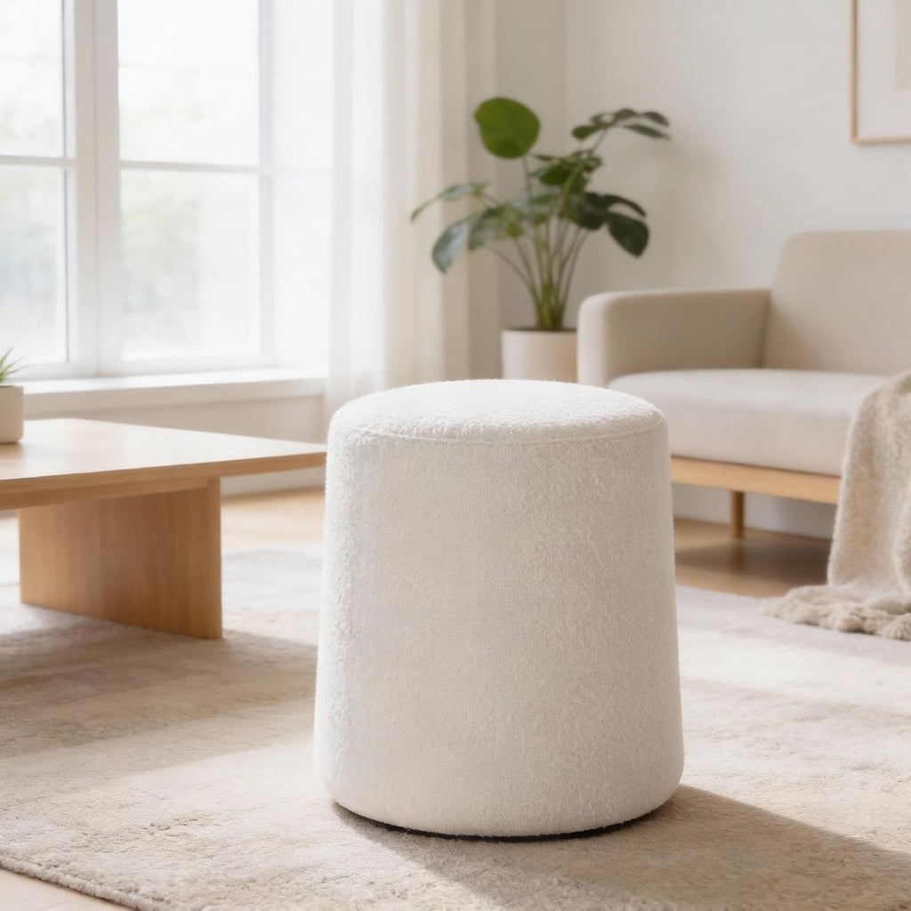 HomePop Organic Shape Ottoman (No Lid, Seat Only) | HomePop Home Décor | Round Pouf Foot Rest – Cream Boucle