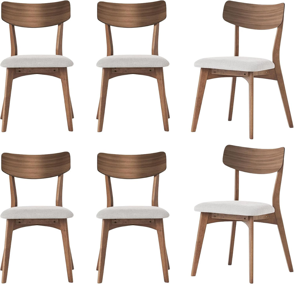 Modern Dining Chairs with Upholstered Cushion, Solid Rubber Wood Dining Chair with Comfortable Backrest, Sturdy Wooden Chairs for Kitchen, Dining Room (Walnut-Beige, 6 Sets)