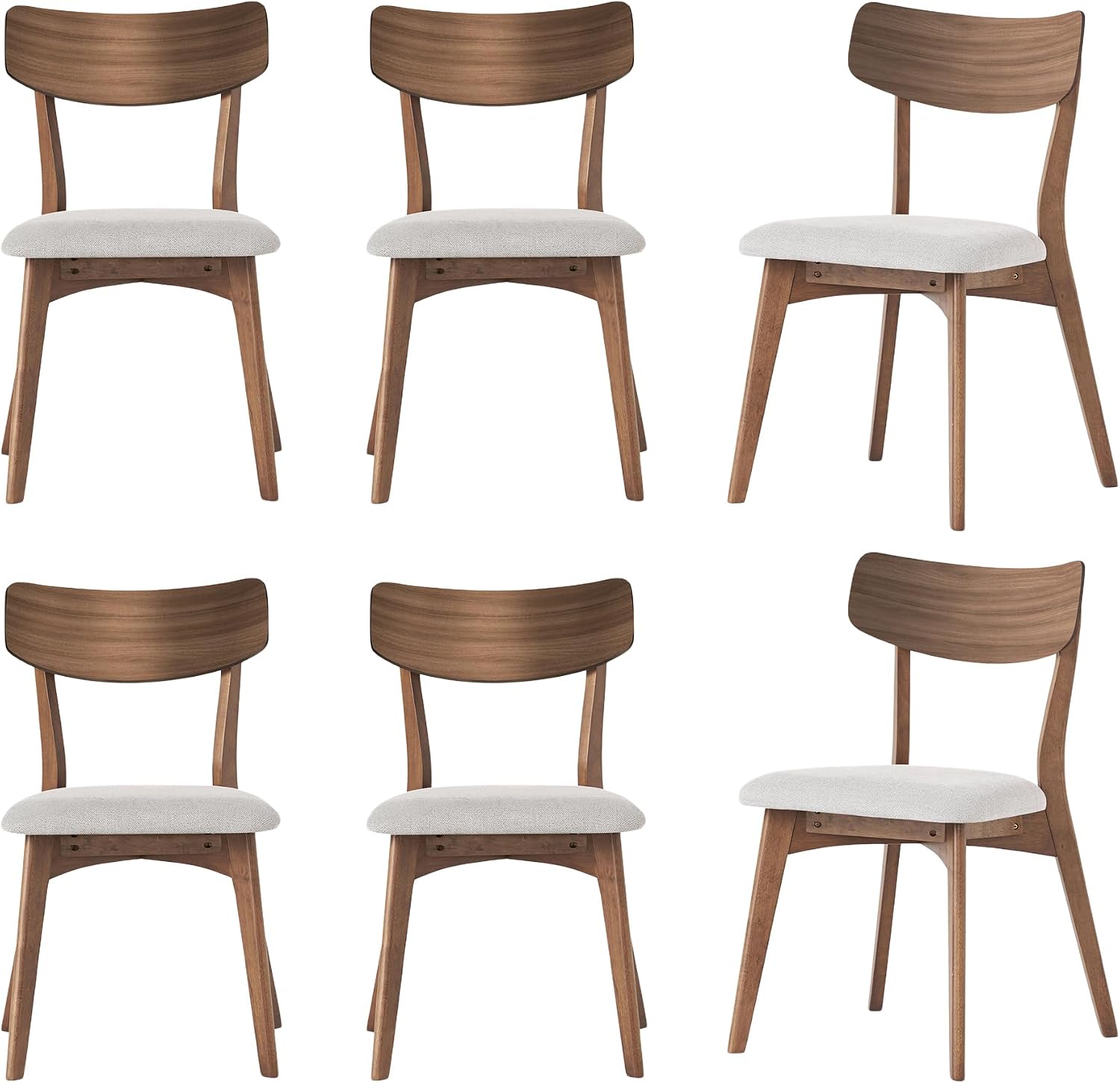 Modern Dining Chairs with Upholstered Cushion, Solid Rubber Wood Dining Chair with Comfortable Backrest, Sturdy Wooden Chairs for Kitchen, Dining Room (Walnut-Beige, 6 Sets)