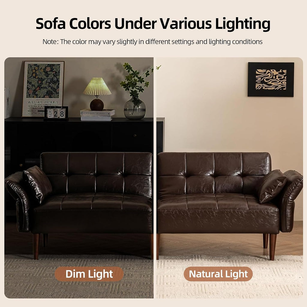 HALLYBEE 85" Futon Faux Leather Couch with Adjustable Armrests Coffee Brown | Futon Sofa Bed, Sleeper Sofa, Small Couch with Pillows, Side Pockets, Mid Century Modern, Living Room, Bedroom, Apartment