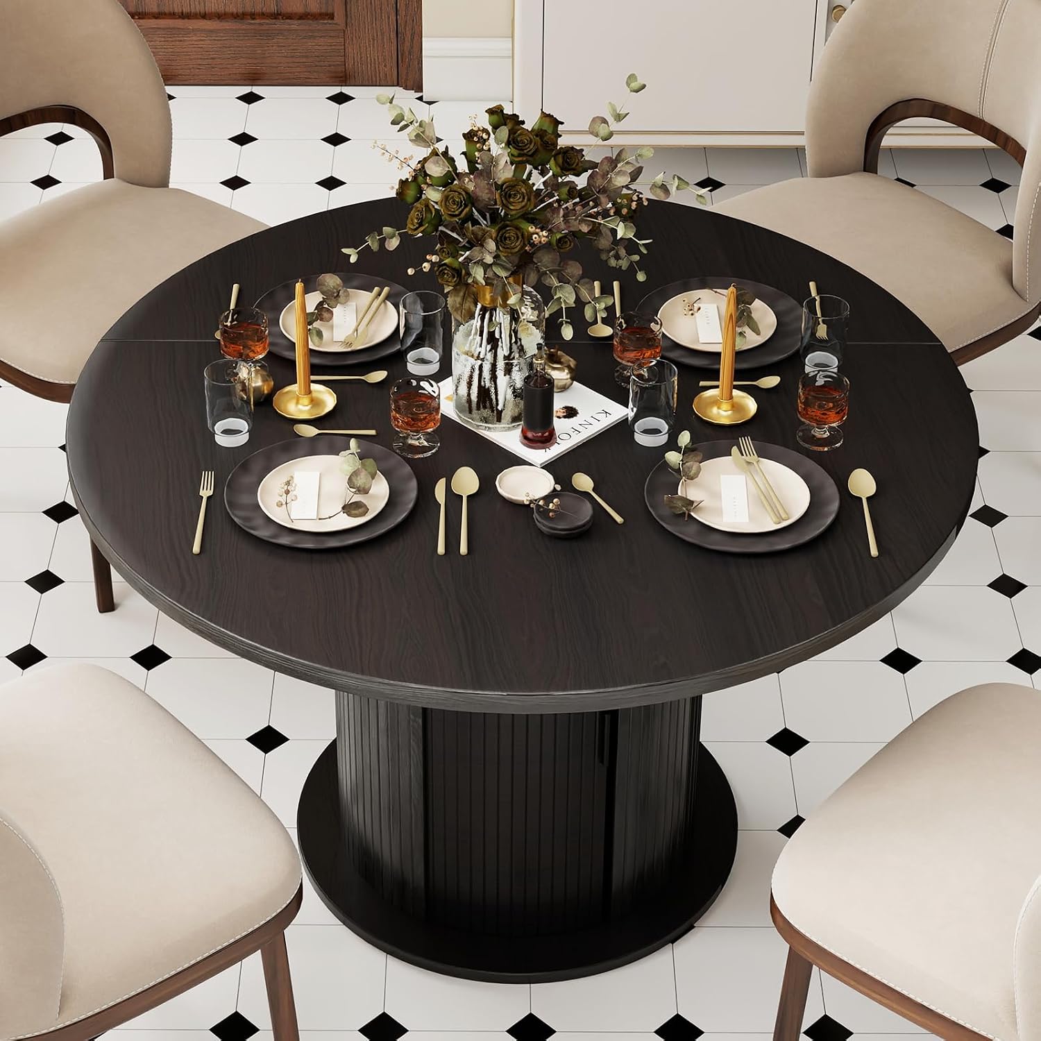 47" Round Dining Table with Hidden 2-Tier Storage Cabinet | Seats 4–6 | Mid-Century Modern Pedestal Base | Space-Saving Kitchen Table for Small Spaces, Black