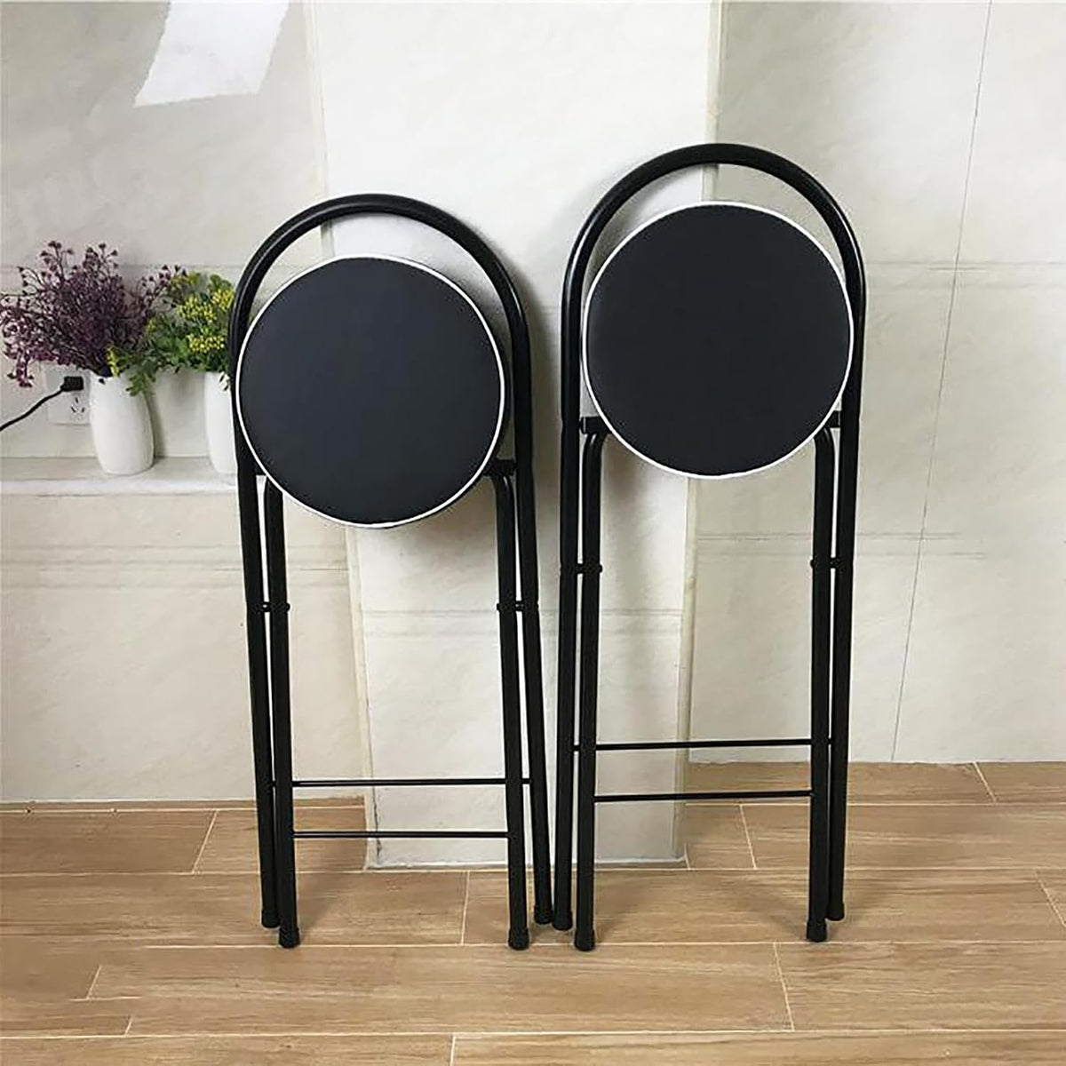 QQXX Folding Bar Stool with Footrest,Leather Padded Folding Kitchen Stool,Portable Counter Height Foldable Stool Tall Bar Stools for Outdoor Kitchen Shop Cafe(2 Pc, White Seat Height 29.5")