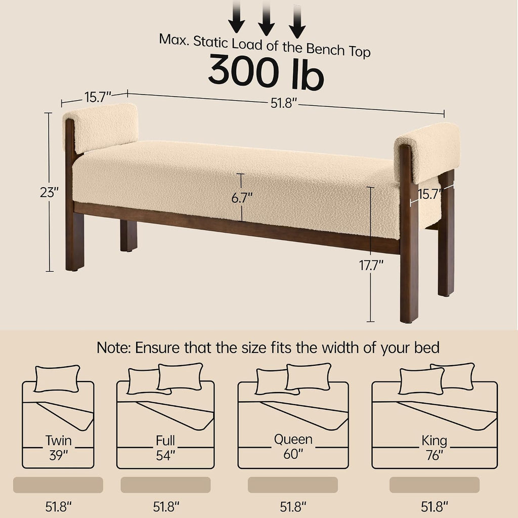 VKNOW 51.8”End of Bed Bench Upholstered Bedroom Bench with Arms, Brown | Solid Rubberwood Legs, Soft Fabric, Thickened seat cushion, Bedroom Living Room Entryway Dressing Areas, Easy to Assemble