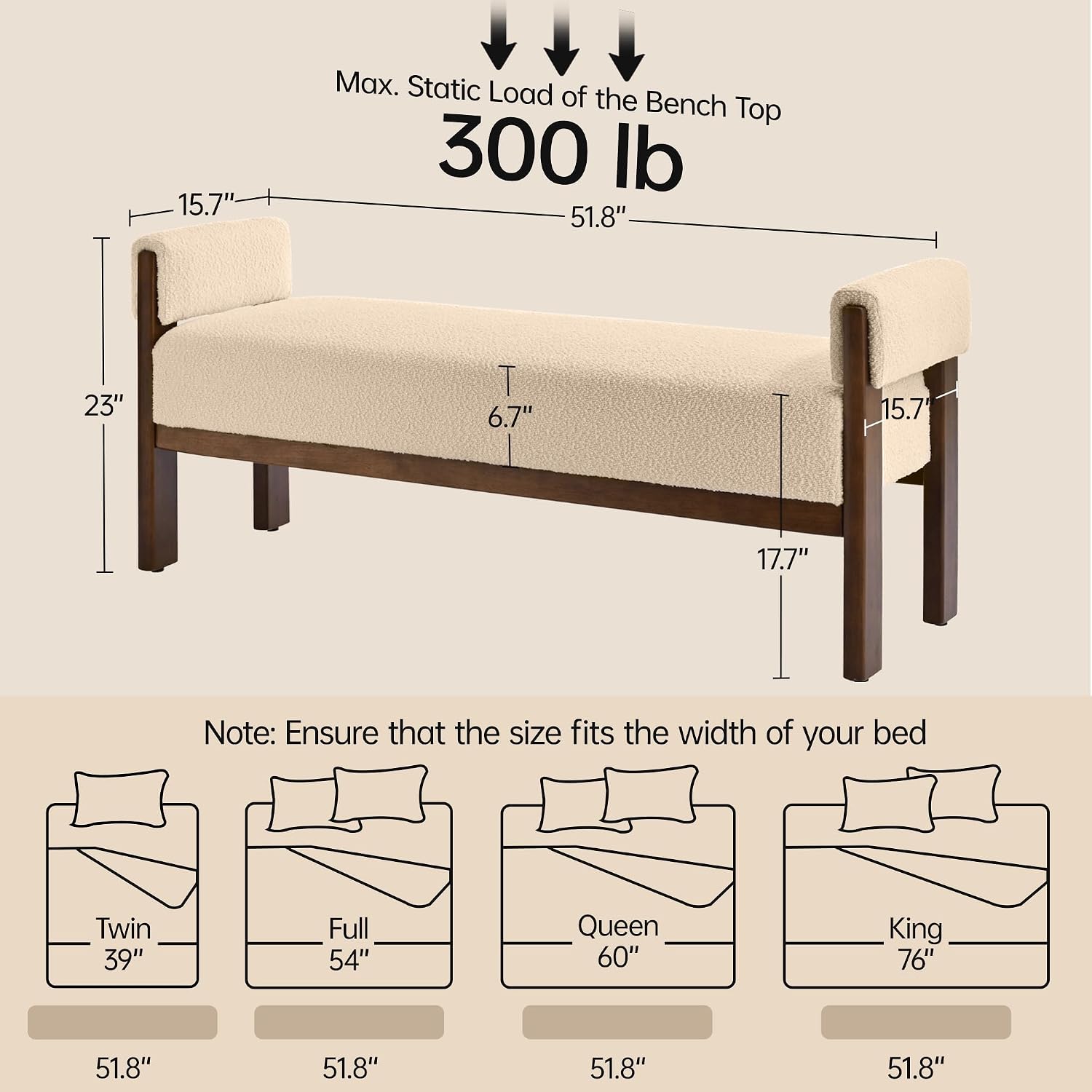 VKNOW 51.8”End of Bed Bench Upholstered Bedroom Bench with Arms, Brown | Solid Rubberwood Legs, Soft Fabric, Thickened seat cushion, Bedroom Living Room Entryway Dressing Areas, Easy to Assemble
