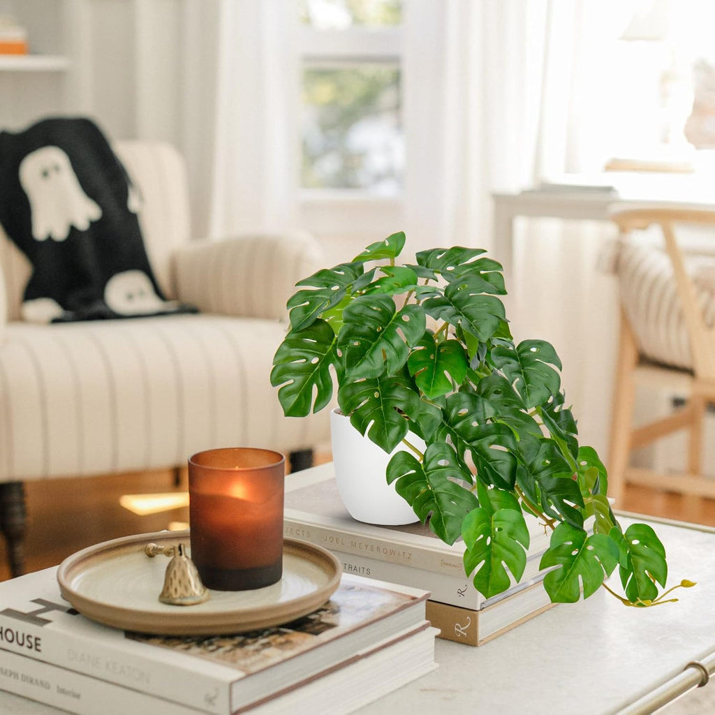 DILATATA Fake Plants Indoor 9 Inch Artificial Monstera Plant in White Plastic Pot - Faux Potted Tropical Palm Plant for Home Aesthetic Decor Living Room Shelf Office