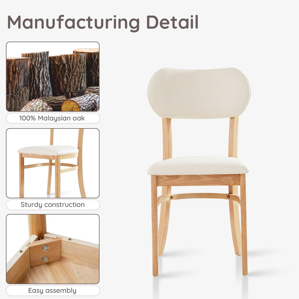 Livinia Tony Dining Chair Set of 2, Solid Malaysian Oak PU Leather Upholstered Cushion Seat, Rounded Back Side Chairs (Natural)