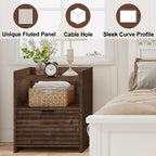 BON AUGURE Fluted Nightstand with Drawer and Storage Shelf, Modern Wood Bedside Table, Mid Century End Table for Bedroom Living Room Sofa Couch, Rustic Oak