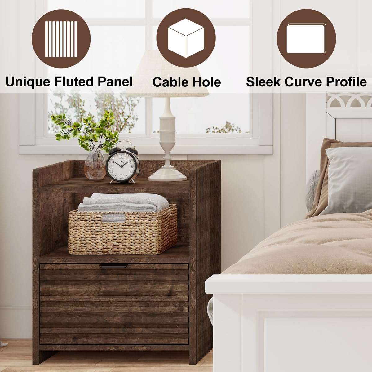 BON AUGURE Fluted Nightstand with Drawer and Storage Shelf, Modern Wood Bedside Table, Mid Century End Table for Bedroom Living Room Sofa Couch, Rustic Oak