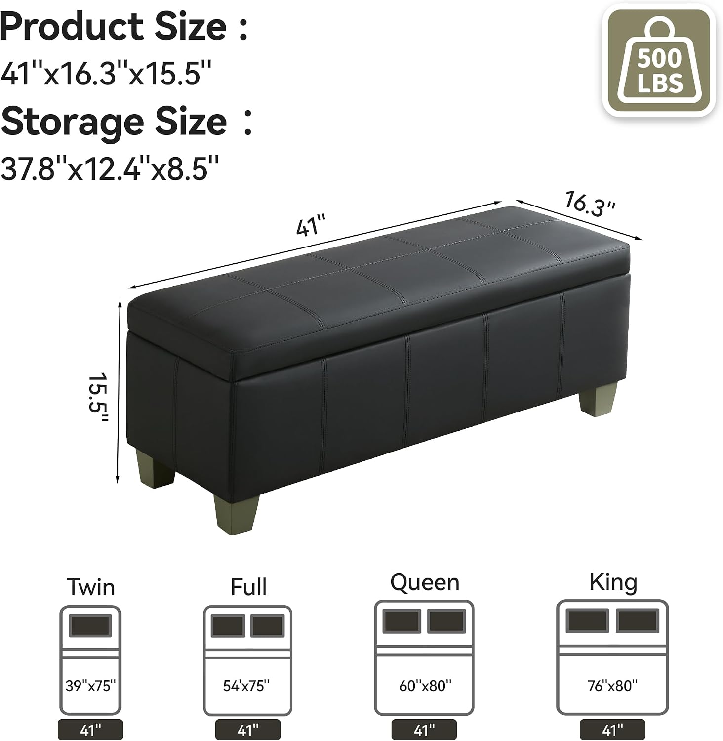 WUTUTUEE 41" Faux Leather Storage Ottoman, Stitch Tufted Rectangle Upholstered End of Bed Storage Bench, Entryway Large Couch Ottoman with Wooden Legs, Dark Black