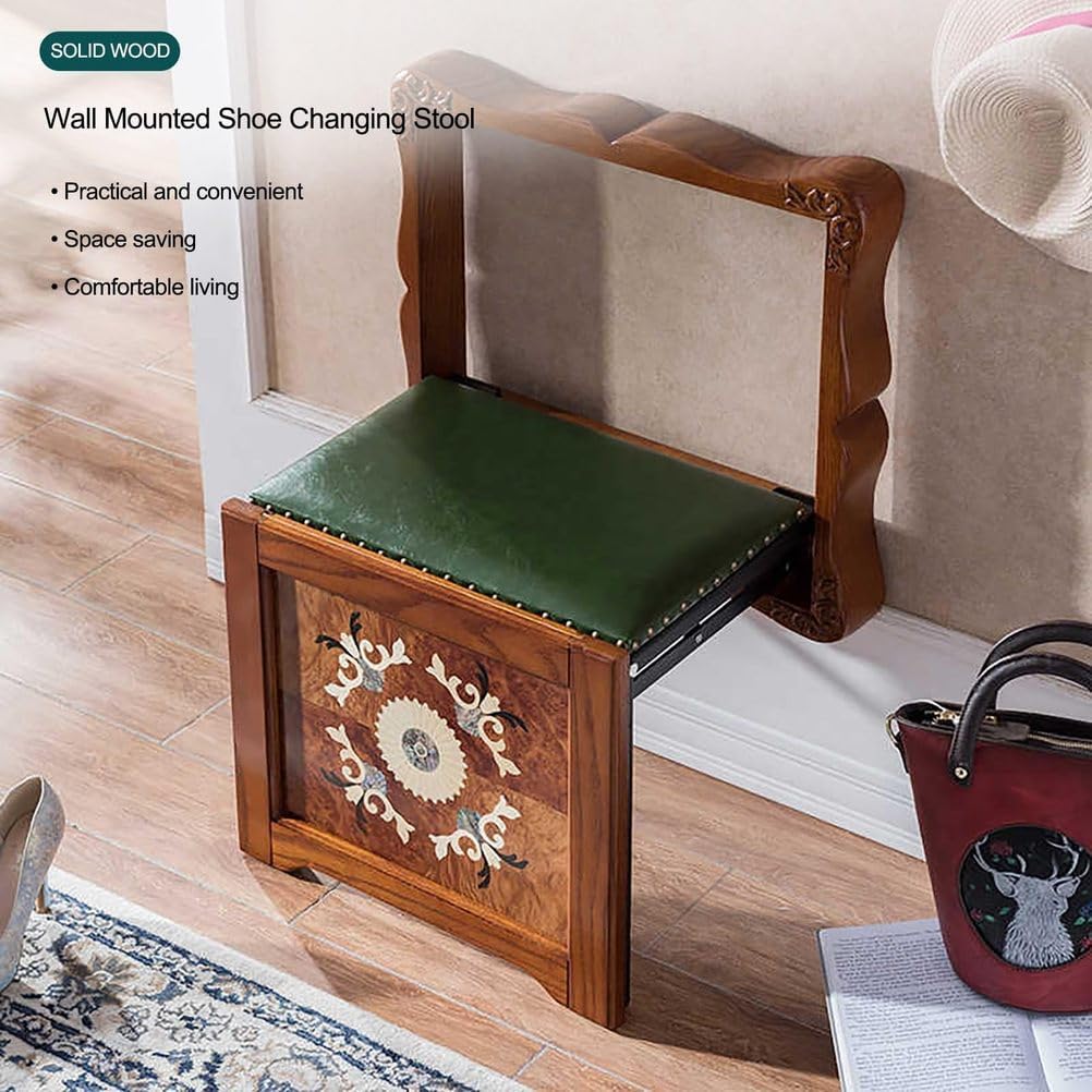 Wall Mounted Shoe Changing Stool Made of Solid Wood Wall Seat Folding, Space Saving Invisible Shoe-Changing Stool, for Entrance Bathroom Bedroom,B