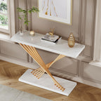 UNIQUITE 39.4 Inch Gold Console Table, White Faux Marble Modern Entryway Table Sofa Tables Behind The Couch for Entrance Hallway Living Room, X-Shape