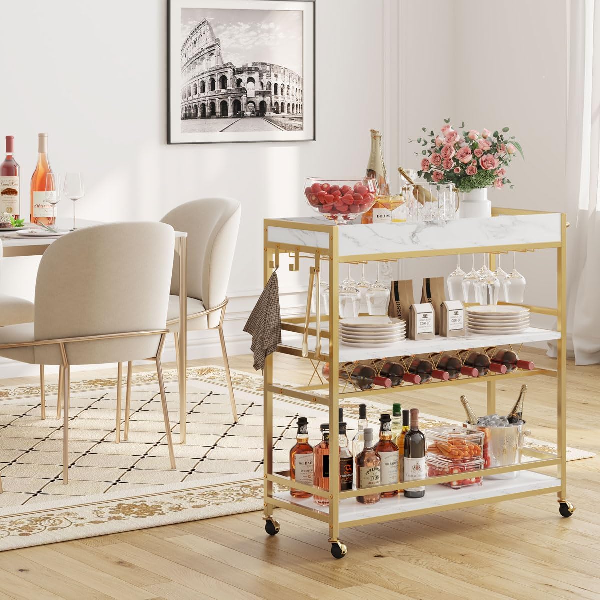 BON AUGURE Gold Bar Cart on Wheels for Home with Wine Rack & Glass Holders | 3-Tier, Rolling Serving Cart for liquor, Wine and Beverages, Lockable Mobile Wheels for Home Bars, Faux Marble+ Gold Frame