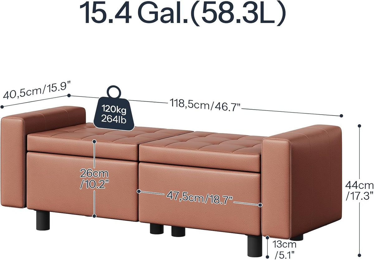 HOOBRO Ottoman with Storage, 46.7'' Storage Ottoman Bench with Safety Hinge, Storage Bench with Metal Legs, Synthetic Leather with Stitching Bench for Living Room, Entryway, Brown BR120CW01