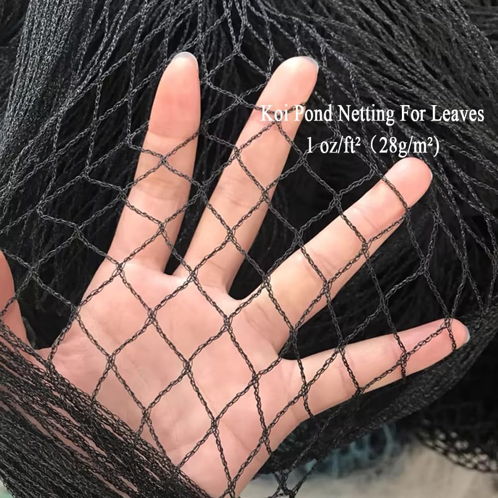Koi Pond Netting for Leaves 50x50 Ft, 1 in Strong Woven Pond Leaf Net Cover, Protecting Koi Fish from Herons, Raccoons, Birds, Cats & Predators, 28 Pcs Stakes Included