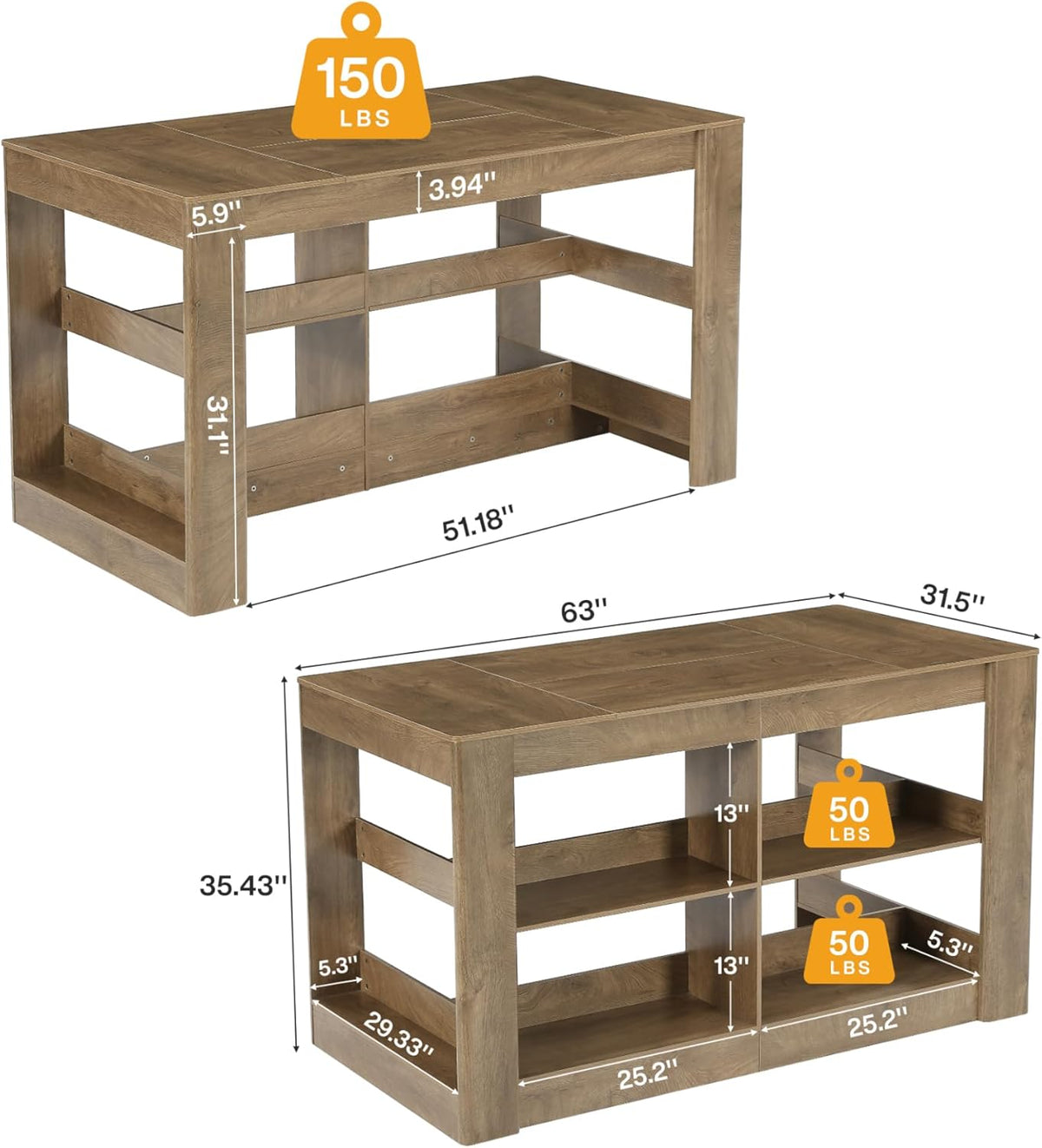 Tribesigns 63 Inch Kitchen Island with Seating and Storage, 3-Tier Farmhouse Stationary Island Table with Large Worktop & Leg Room, Coffee Bar Table with Shelves for Kitchen, Dining Room, Rustic Brown
