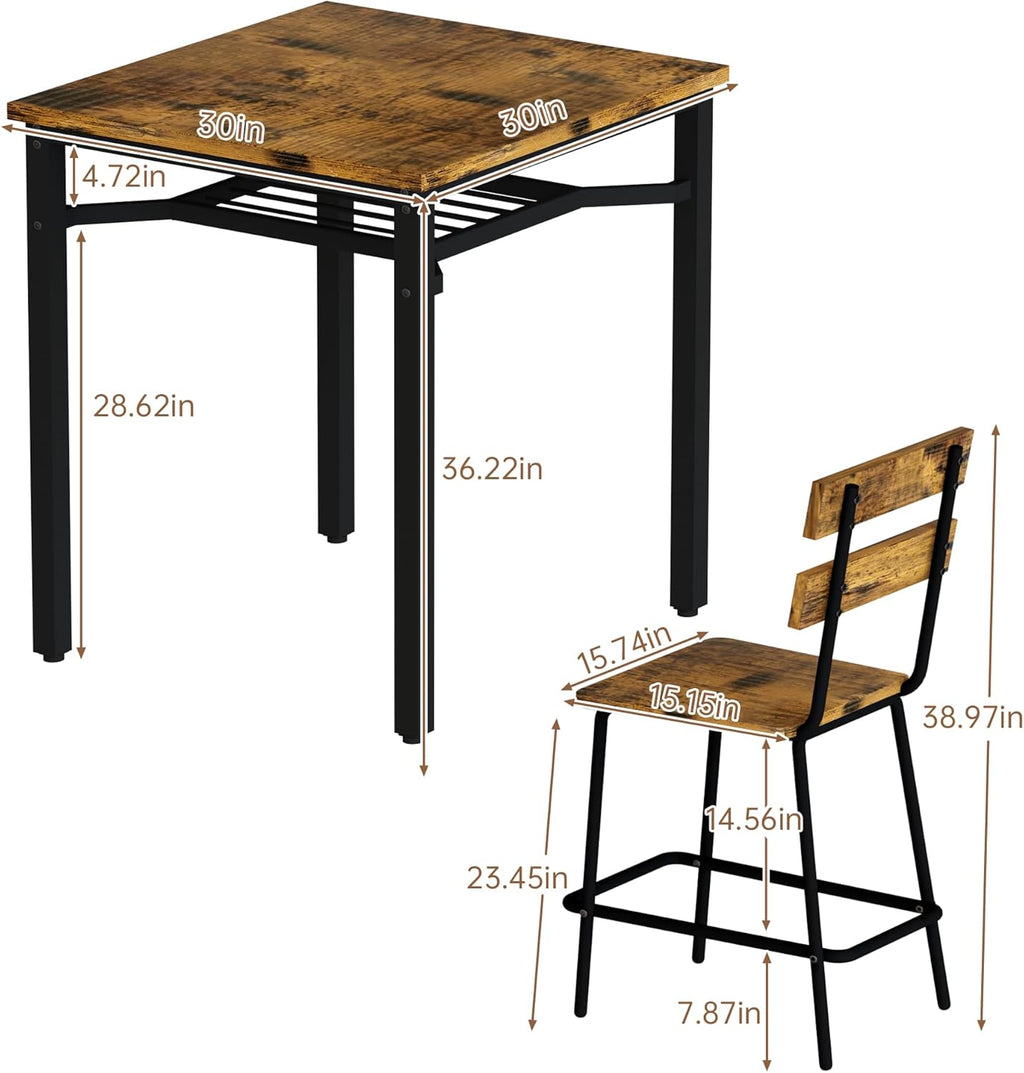 Hooseng 3 Piece Bar Table and Chairs Set, Counter Height Small Dining Table with 2 Bar Stools, Farmhouse Square Kitchen Table with Storage for Bistro, Pub, Small Space