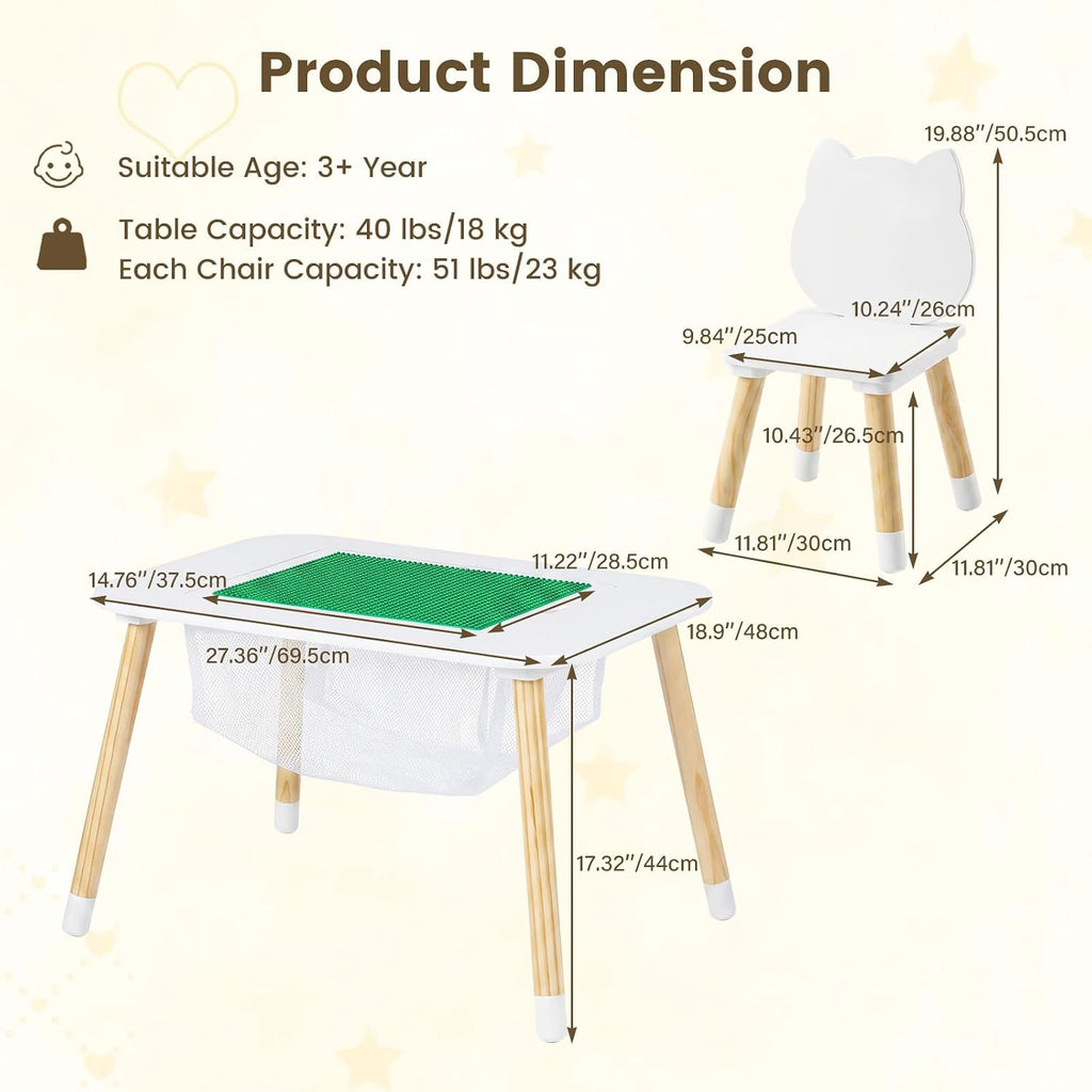 Olakids Kids Table and Chair Set, 4 in 1 Wooden Building Blocks Activity Desk with Reversible Tabletop Storage Basket, Toddler Furniture for Crafts Learning Dining