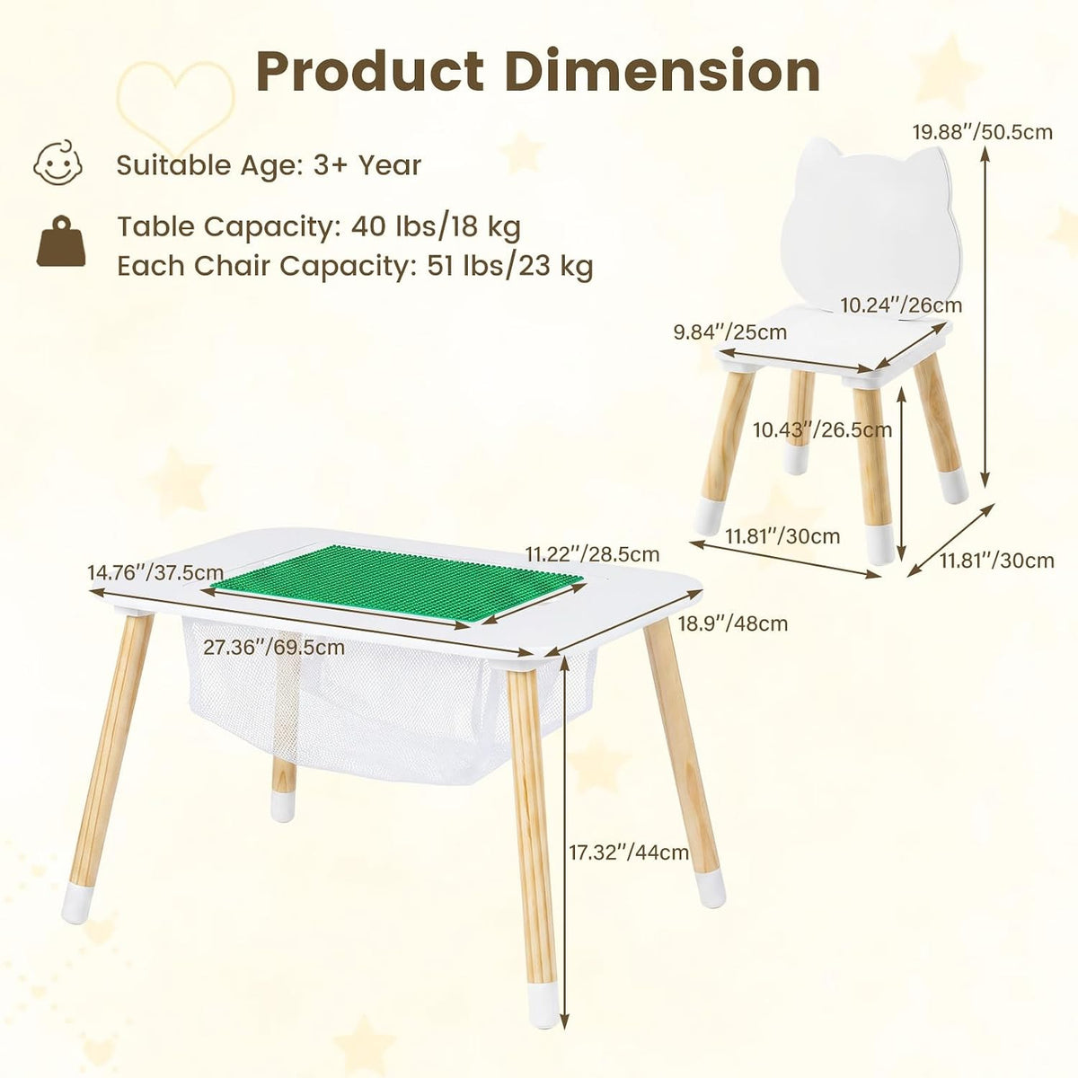 Olakids Kids Table and Chair Set, 4 in 1 Wooden Building Blocks Activity Desk with Reversible Tabletop Storage Basket, Toddler Furniture for Crafts Learning Dining