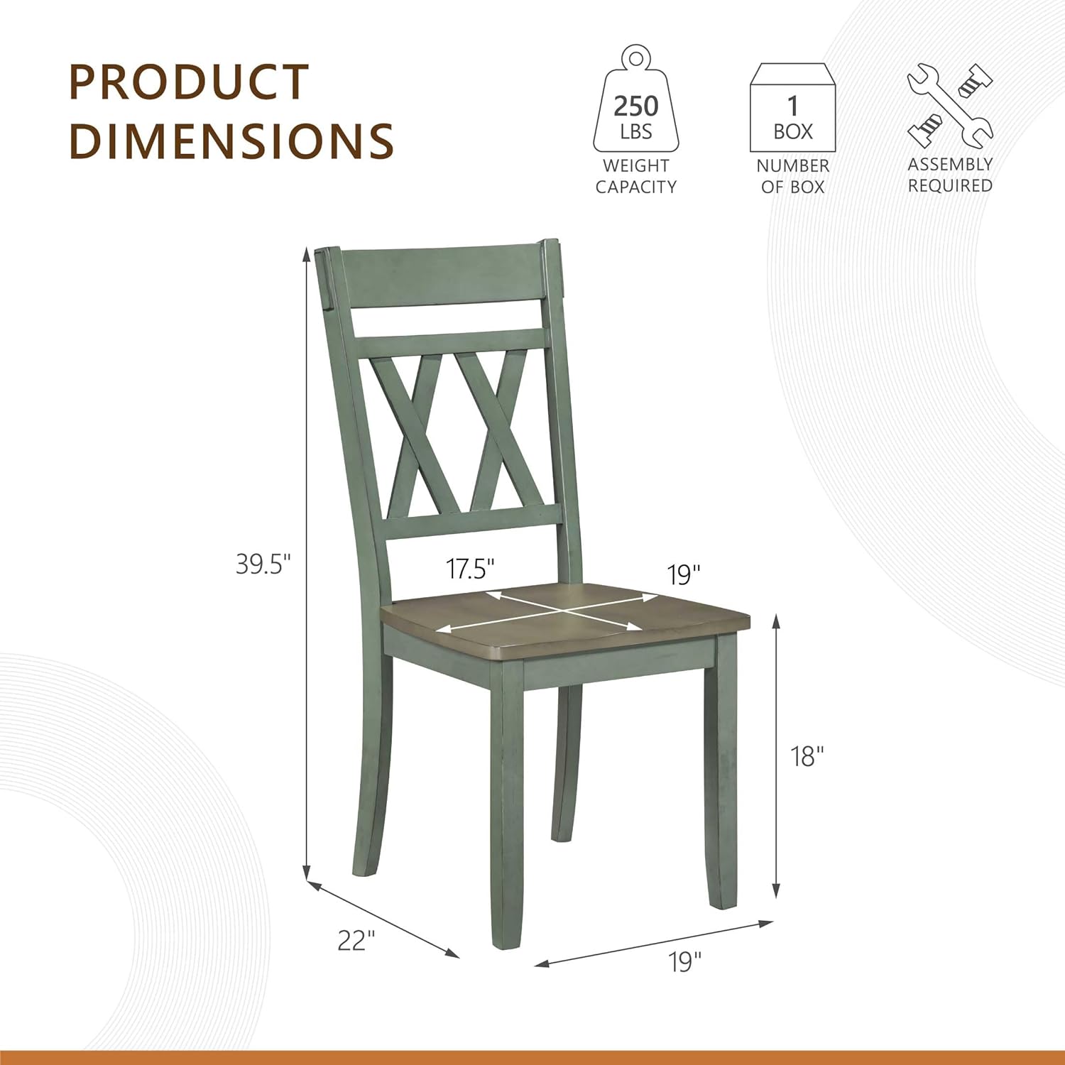 Lexicon Wood Dining Chair, Set of 2, Greywash/Antique Teal | Double Cross Back, Rustic Armless Chairs, Kitchen and Dining Room Furniture, Two-Tone Finish