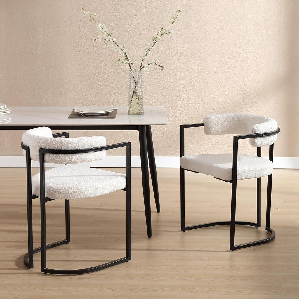 Barrel Dining Chairs Set of 2, White Boucle | Soft Boucle Upholstered Modern Dining Chairs, Ergonomic Curved Backrest, Black Metal Frame, Armchair, Kitchen Living Room
