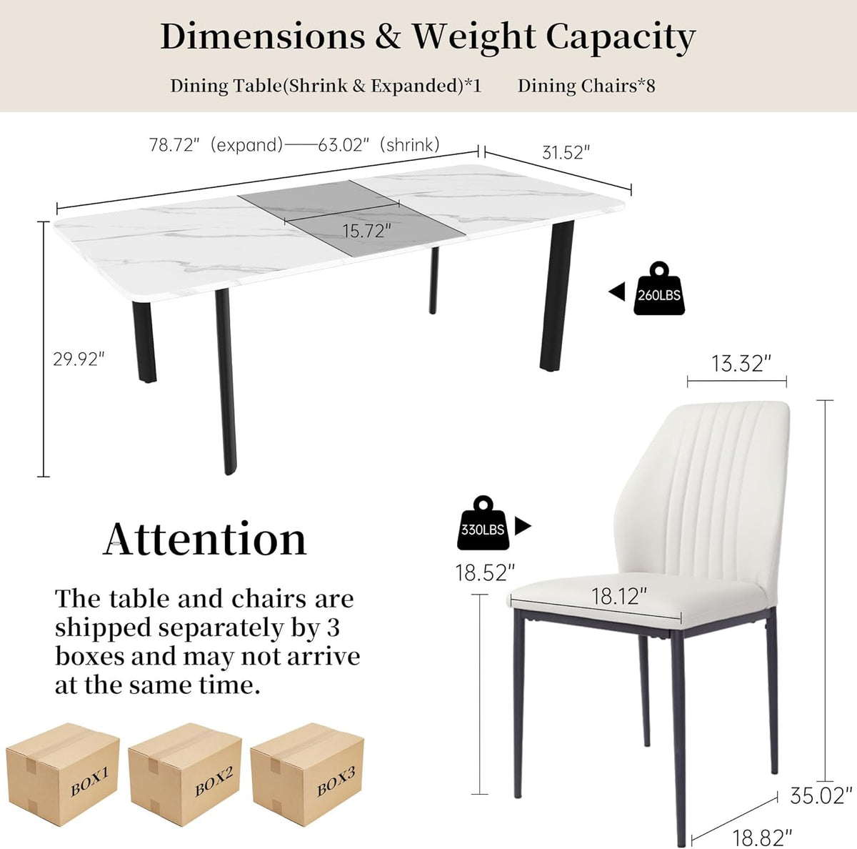 HIPIHOM Extendable Dining Table Set for 6-8 People, 63 to 78.7 Inch MDF Kitchen Table with 8 Faux Leather Dining Chairs, Space-Saving for Dining Room, Breakfast Nook (White Table & 8 White Chairs)