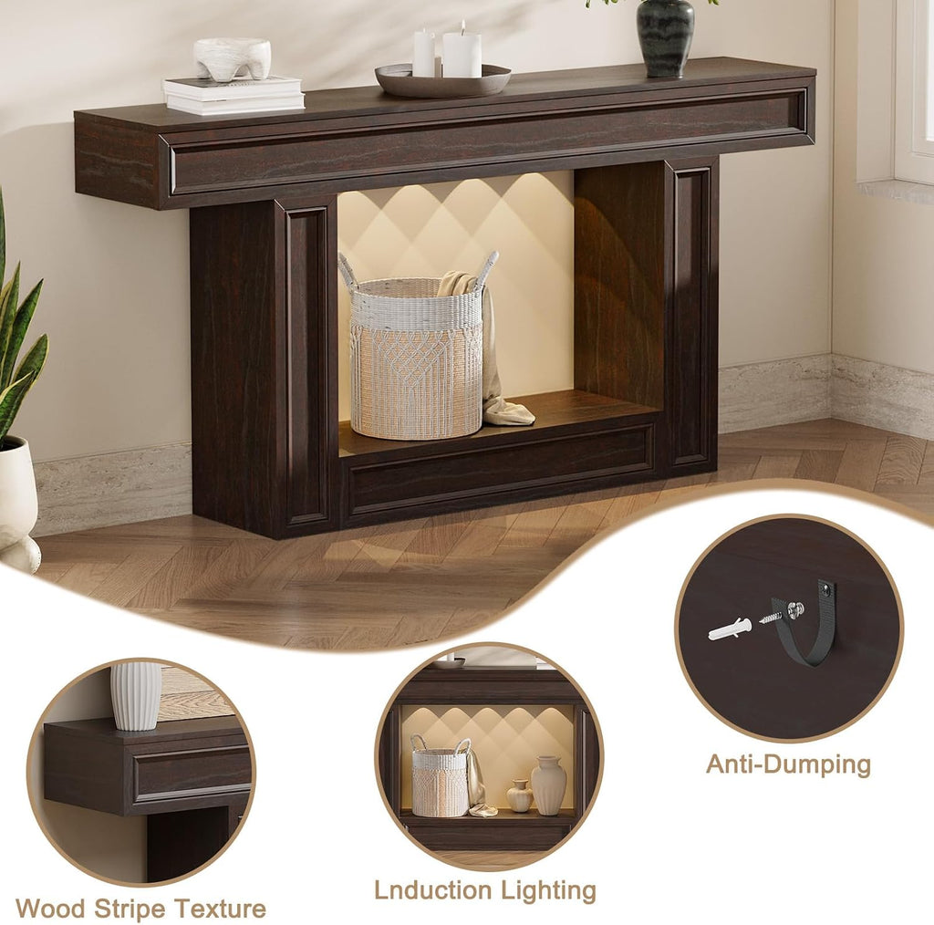 Rresyet 63" 2-Tier Entryway Console Table Behind Sofa with Sensor Lights | 2-Tier Storage Design, Sturdy U-Shape Base, Ideal for Entryway, Living Room, Corridor and Foyer