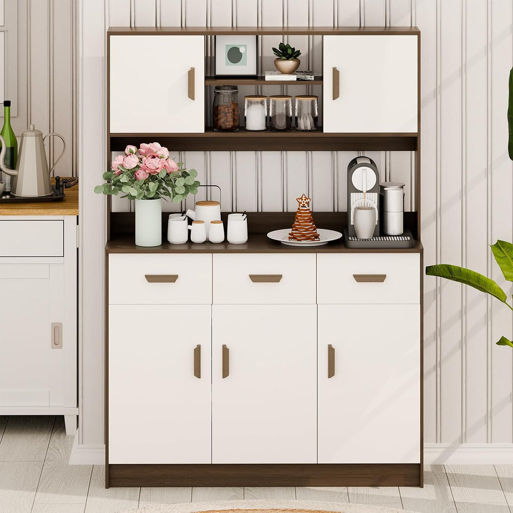 Kitchen Pantry Storage Cabinet, Modern Farmhouse Kitchen Pantry Cabinet with Microwave Stand, 3 Drawers, 5 Doors, and Open Shelves Wooden Color