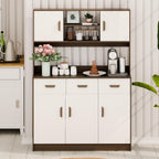 Kitchen Pantry Storage Cabinet, Modern Farmhouse Kitchen Pantry Cabinet with Microwave Stand, 3 Drawers, 5 Doors, and Open Shelves Wooden Color