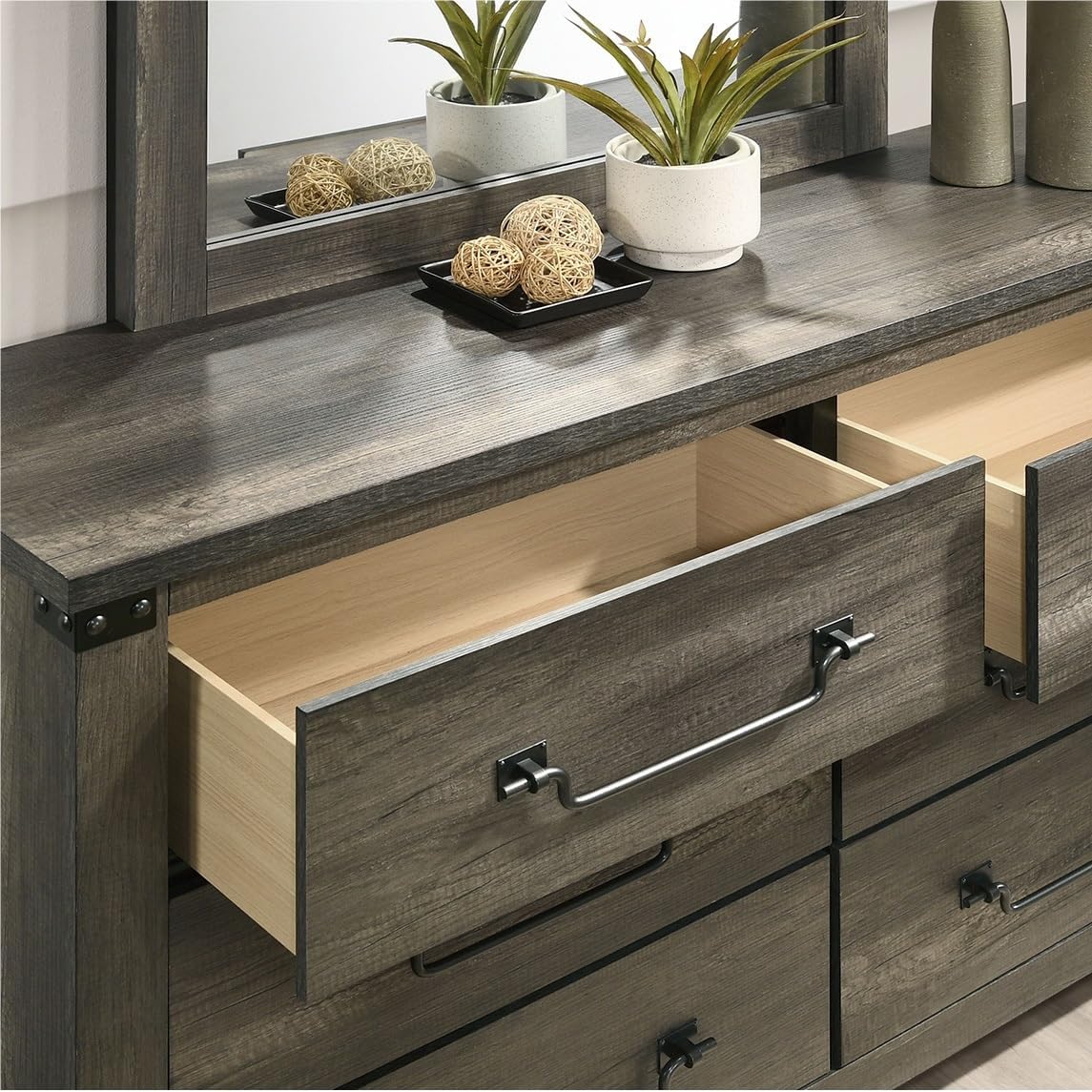 Rustic Gray 1pc Bedside Table Melamine Paper Wooden Nightstand Antique Brass Color Drop Handles,for Small Spaces