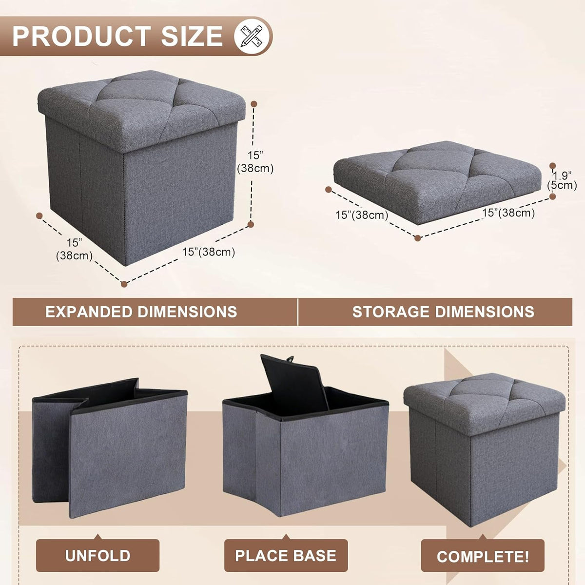 15 Inches Ottoman with Storage, Folding Storage Ottoman Bench Set, Storage Chest for Entryway, Living Room, Support 500LBS, Grey