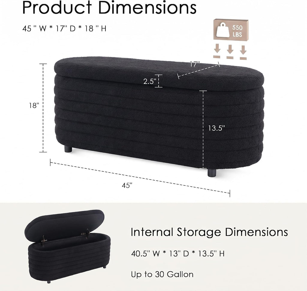 Storage Ottoman Bench Upholstered Fabric Storage Bench End of Bed Stool with Safety Hinge for Bedroom, Living Room, Entryway (45.5-inch, Black)