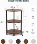 Small Round Side Table - 3-Tier Oval Accent Table for Small Spaces, Rustic Wood and Metal Nightstand for Living Room or Bedroom, with Built-in USB Ports and Power Outlet, Rustic Walnut